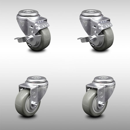 Service Caster 3.5 Inch SS Gray Polyurethane Wheel Swivel Bolt Hole Caster Set with 2 Brake SCC-SSBH20S3514-PPUB-TLB-2-S-2
